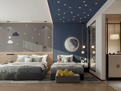 Hotel Guest Room With Twin Beds Starry Ceiling Moon Decoration Blue Accent Wall Gray Bedding Wooden Flooring 3d model