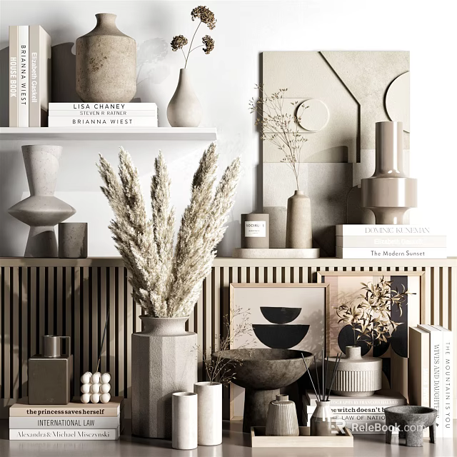 Modern Minimalist Decorative Ornament Combination With Vases Dried Pampas Grass Books And Sculptures On Shelves 3d model 