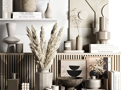 Modern Minimalist Decorative Ornament Combination With Vases Dried Pampas Grass Books And Sculptures On Shelves 3d model