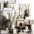 Modern Minimalist Decorative Ornament Combination With Vases Dried Pampas Grass Books And Sculptures On Shelves