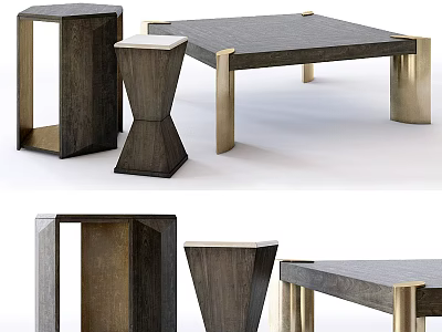 Modern Contemporary Coffee Table With Dark Wood Top Gold Metal Legs And Geometric Side Tables 3d model
