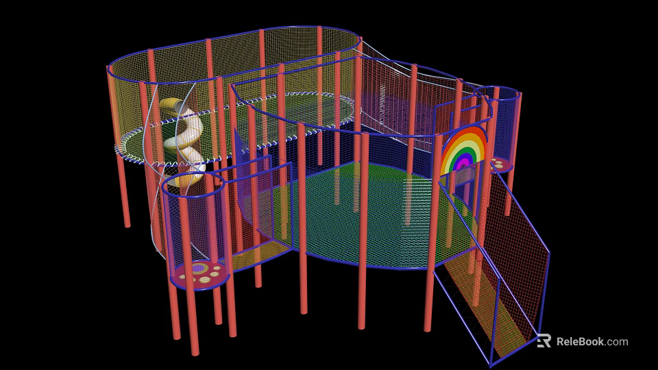 Colorful Multi Level Playground Equipment With Net Climbing Structure And Rainbow Accent 3d model