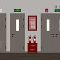 Fire Safety Equipment Setup With Emergency Exit Signs And Fire Extinguishers 3d model