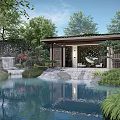 Rockery Stones In Serene Garden With Waterfall Pond And Pavilion Surrounded By Green Plants
