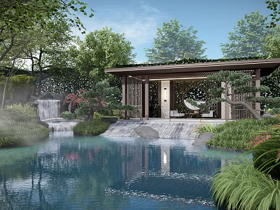 Rockery Stones In Serene Garden With Waterfall Pond And Pavilion Surrounded By Green Plants 3d model