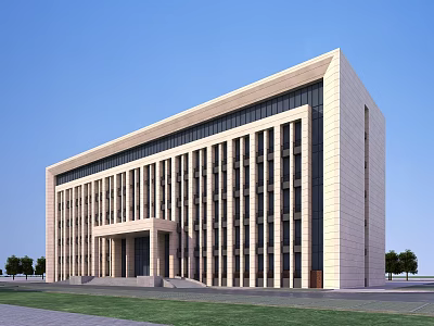 Modern Office Building With Stone Facade Large Glass Windows Main Entrance And Landscaped Lawn 3d model