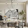 Modern Restaurant Interior With Black White Art Painting Chandelier Dining Table And Plant