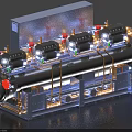 Industrial Equipment With Multiple Black Units Red Valves And Gold Pipes On Gray Frame