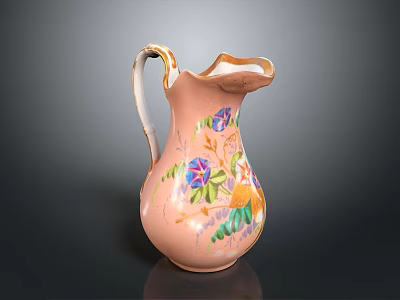 Pink Ceramic Pitcher With Colorful Floral Patterns Curved Handle And Scalloped Rim 3d model