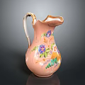 Pink Ceramic Pitcher With Colorful Floral Patterns Curved Handle And Scalloped Rim