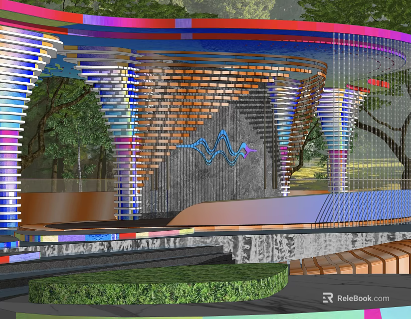 Outdoor Artistic Colorful Curved Pergola With Perforated Lattice And Green Plant Surroundings 3d model 