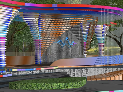 Outdoor Artistic Colorful Curved Pergola With Perforated Lattice And Green Plant Surroundings 3d model