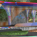 Outdoor Artistic Colorful Curved Pergola With Perforated Lattice And Green Plant Surroundings
