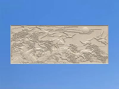 Traditional Style Relief Carving with Birds Trees Sun and Blue Background 3d model