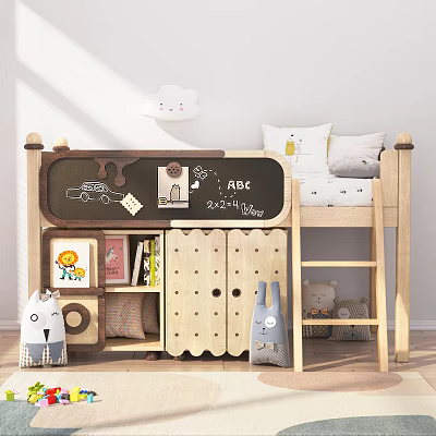 Wooden Bunk Bed Chalkboard Headboard with ABC Letters Storage Cabinet Books and Toys 3d model