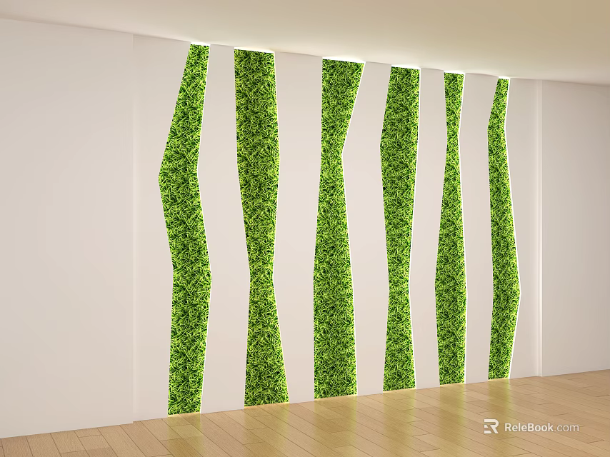 Living Green Wall With Vertical Plant Strips On White Background And Wooden Floor 3d model 
