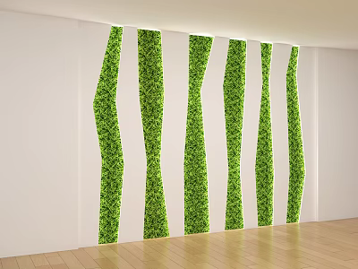 Living Green Wall With Vertical Plant Strips On White Background And Wooden Floor 3d model