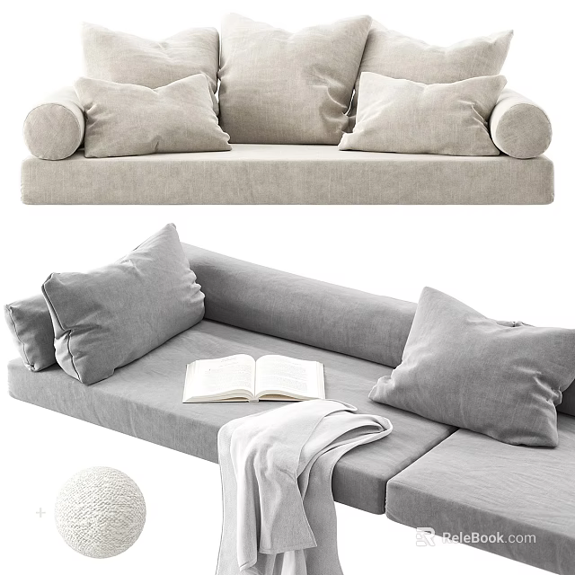 Light Gray Minimalist Sofa Bench With Soft Pillows Open Book And Throw Blanket 3d model 