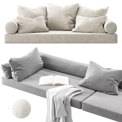 Light Gray Minimalist Sofa Bench With Soft Pillows Open Book And Throw Blanket 3d model