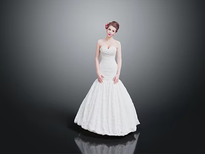 Woman In Strapless White Wedding Dress With Flower Hair Accessory On Gray Background 3d model
