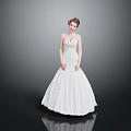 Woman In Strapless White Wedding Dress With Flower Hair Accessory On Gray Background