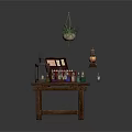 Rustic Wooden Table with Decorative Items Hanging Plant Birdcage Photo Frame and Small Bottles