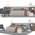 Modern Double Bed Interior With Upholstered Headboard Side Chair Throw Blanket And Decorative Pillows