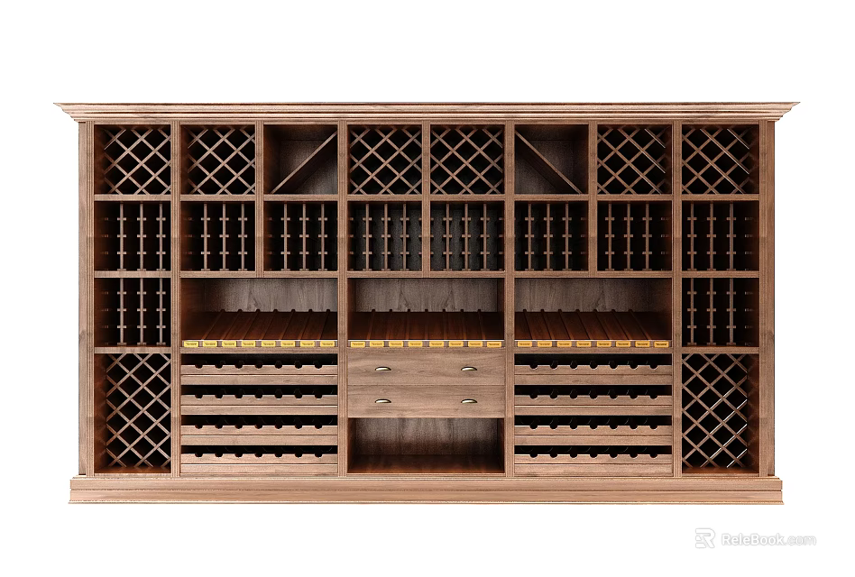 Wooden Wine Cabinet With Grid Design Multiple Compartments Drawers And Wine Racks 3d model 