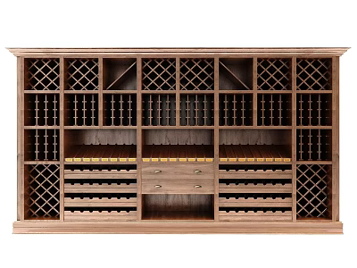 Wooden Wine Cabinet With Grid Design Multiple Compartments Drawers And Wine Racks 3d model