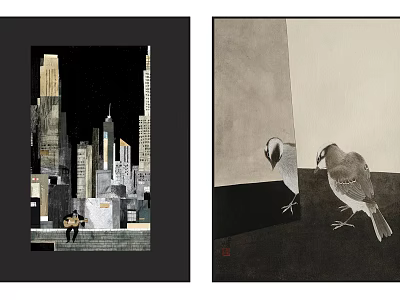 Art Pieces With Modern Cityscape Night View And Detailed Two Birds Illustration 3d model