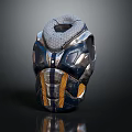 Futuristic Armor Helmet 3D Model With Blue Silver Yellow Accents Textured Surface And Mesh Design