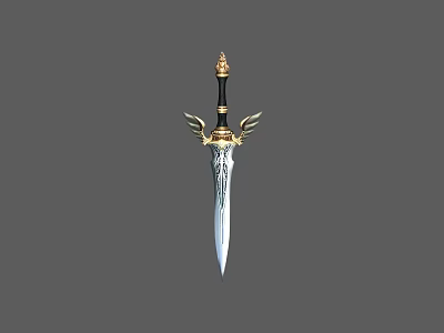 Ornate Decorative Sword With Golden Wing Guard Black Hilt And Engraved Silver Blade 3d model