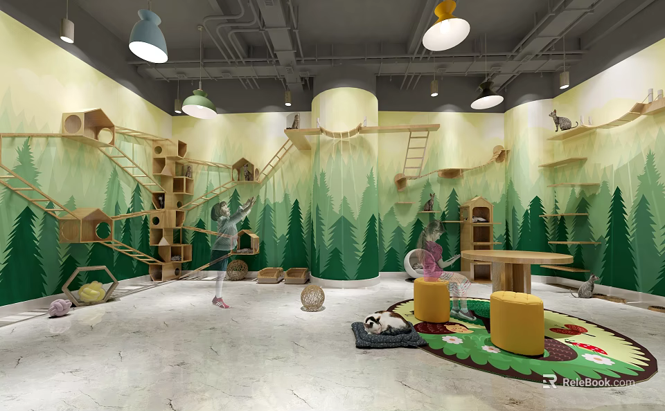 Cat Specialty Store With Green Forest Themed Walls Cat Trees And Play Areas 3d model 