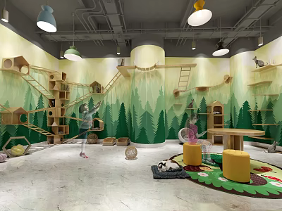 Cat Specialty Store With Green Forest Themed Walls Cat Trees And Play Areas 3d model