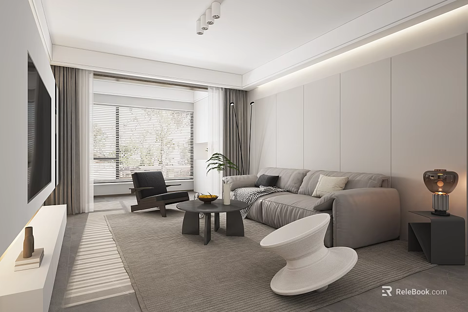 Modern Living and Dining Room Interior With Gray Sofa Coffee Table Floor to Ceiling Window 3d model