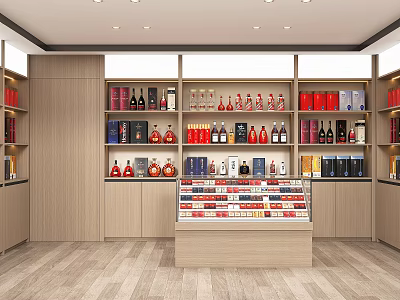Tobacco and Liquor Store with Wooden Shelves Display Cabinets Various Alcohol Bottles Tobacco Products 3d model