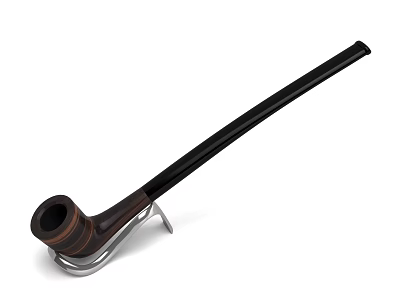 Dark Wooden Pipe with Black Long Stem and Silver Stand Decorative Ornament Set 3d model