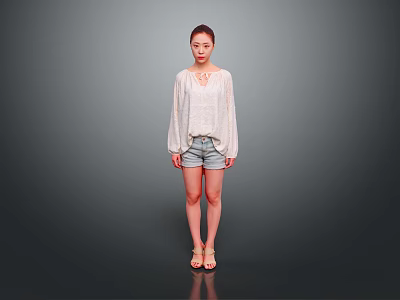 Woman In White Loose Top And Denim Shorts Standing Against Gray Background With Sandals 3d model