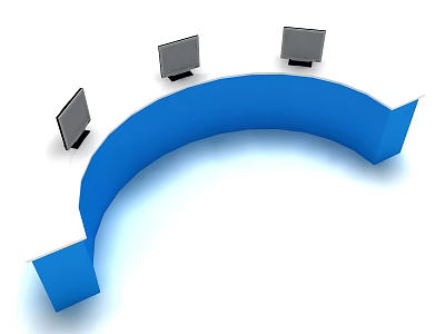 Modern Blue Curved Reception Desk With Three Monitors On Top 3d model