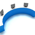 Modern Blue Curved Reception Desk With Three Monitors On Top