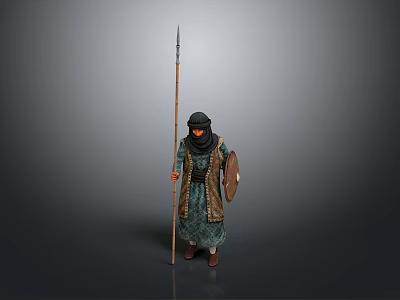 Traditional Attire Character Wearing Headscarf Standing With Spear And Shield On Grey Background 3d model