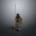 Traditional Attire Character Wearing Headscarf Standing With Spear And Shield On Grey Background