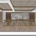 Traditional Store Interior With Wooden Ceiling Shelves Table Chairs And Outdoor Green Red Leaf Trees