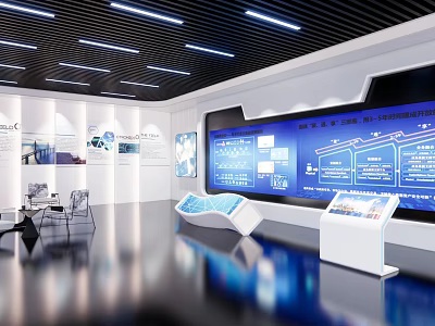 Modern Exhibition Hall With Large Digital Screens Interactive Display Stands And Information Charts 3d model