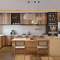 Modern Kitchen Interior With Wooden Cabinets Island Countertop and Pendant Lights