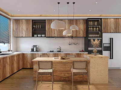 Modern Kitchen Interior With Wooden Cabinets Island Countertop and Pendant Lights 3d model