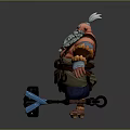 Cartoon Character With Red Skin White Beard Brown Arm Wraps Blue Pants And Blue Lantern