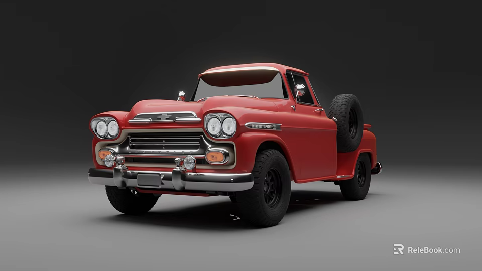 Classic Red Pickup Truck With Round Headlights And Side Mounted Spare Tire 3d model 
