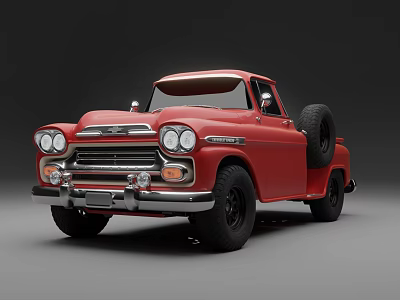 Classic Red Pickup Truck With Round Headlights And Side Mounted Spare Tire 3d model