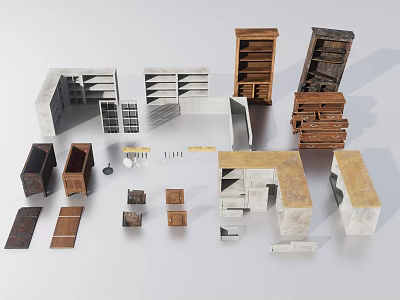 Various TV Stand Components with Wooden and White Shelves and Drawer Designs 3d model